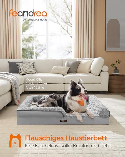Feandrea Orthopädisches Hundebett für große Hunde, wasserdichtes Hundesofa mit abnehmbarem Plüsch-Bezug, 106 x 76 x 16 cm, Taubengrau PGW253G01