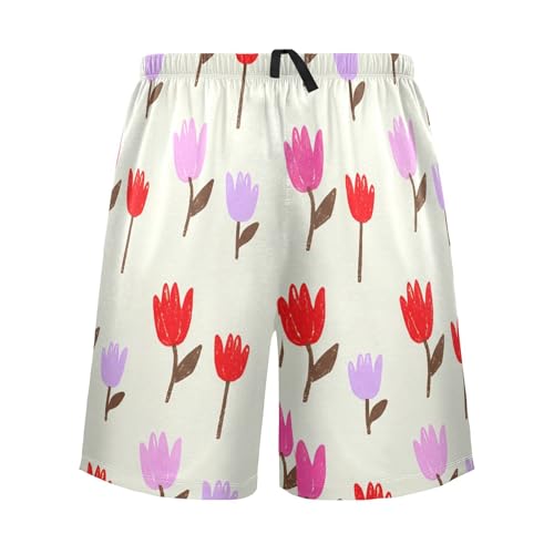 Red Purple Flower Pajama Shorts for Men Lounge Pants Lounge Bottoms Men'S Sleep Shorts with Pockets, S-XXL