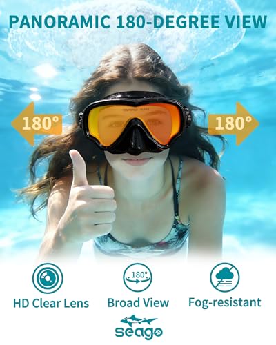 Image of Seago Adult Swim Goggles Mask Mirrored Tempered Lens, Anti UV /Fog No Blurring Clear Wide View with Nose Cover for Men Women