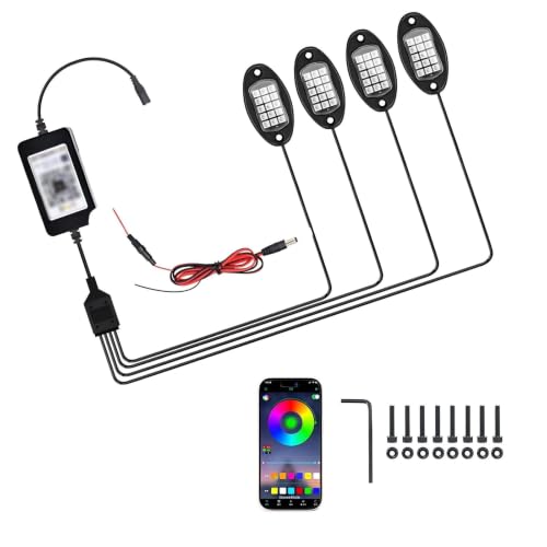 Miuttop 4 Pods RGB LED Rock Lights, Underglow Kit Cars with APP Control Music Mode, Underglow Multicolor Neon Light Kit, 12V Waterproof Wheel Well Light for Trucks, SUV, Golf Cart, ATV