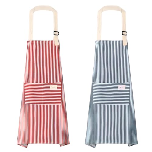 2Pcs Delantal Cocina Mujer Algodon, Delantales Ajustable del Cocinero con Bolsillo Delantal de Cocina, Delantal Cocina Hombre para Cocinar Barbacoa y Hornear Pintar Tareas