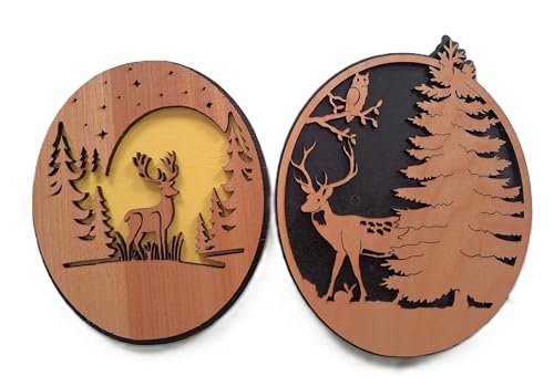 Rustic Deer & Owl Wall Art Set – Handmade Layered Wood Cabin Décor – Woodland Hunting Lodge Decorations – Small Wall Hangings 7x5” & 6x5” – Nature Lover Gift