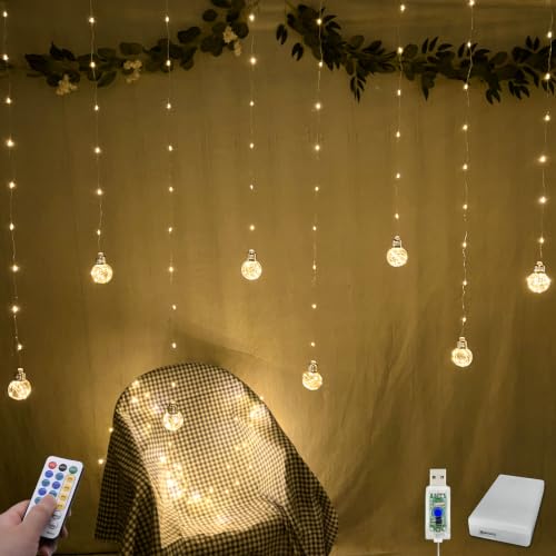 YOLIGHT Wishing Ball Curtain Lights 200 LED Window Curtain String Lights with Remote USB Battery Powered Twinkle Globe Fairy Lights for Wedding Party Bedroom Christmas Decoration (Warm White)