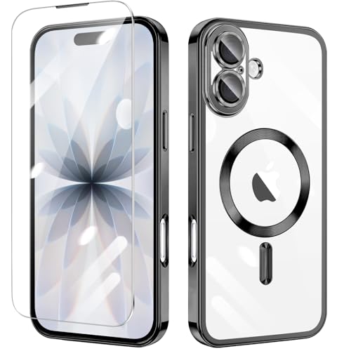 ?luogeliao for iPhone 17 専用 ケース カバー クリア 1枚ガラスフィルム付き TPU MagSafe対応 ワイヤレス充電対応 マグネット搭載 耐衝撃 アイフォン17 カバー 自動吸着 高透過率 全面保護 指紋防止(ブラック)