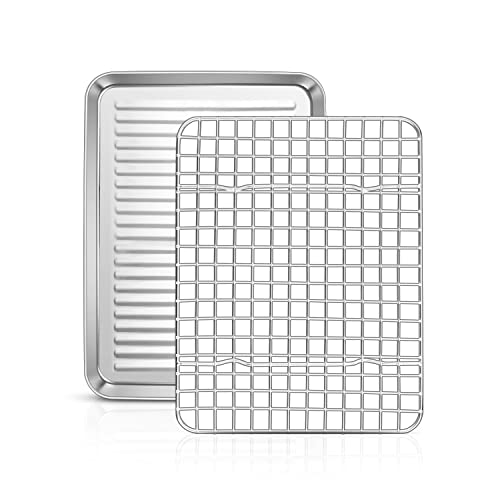 Homikit Backblech mit Abkühlgitter, Edelstahl Klein Backform Ofenblech und Auskühlgitter für Backen Braten Servieren, 26,5 x 20,5 x 2,5 cm, Hochglanzpoliert, Spülmaschinenfest