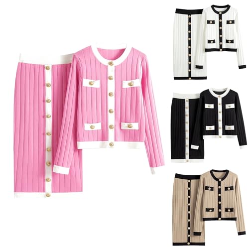 HGps8w Knitted Business Outfits for Women Elegant Colorblock Button Up Cardigan and Bodycon Midi Skirt Dressy 2 Piece Sets2