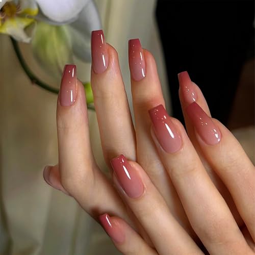 GlamRays 24 unidades de uñas postizas con forma de ataúd media, diseño de gradiente ombré de melocotón, uñas acrílicas artificiales de cobertura completa con acabado brillante