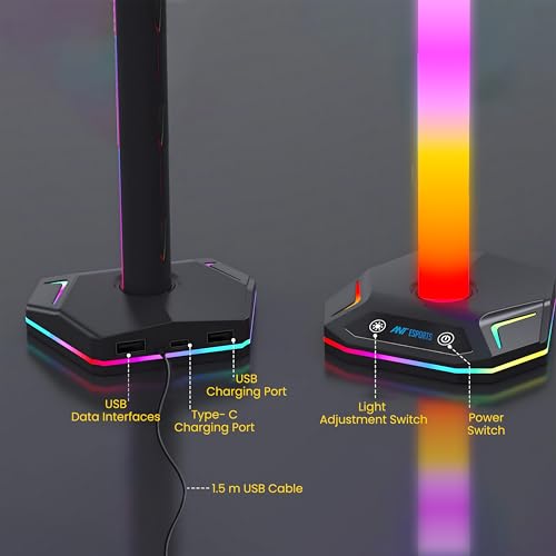 Image of Ant Esports RGB Headset Stand, Gaming Controller Stand with 2 USB Charging Ports,10 Light Modes Headset Holder PC / PS5 / Xbox Gaming Accessories, Suitable for All Headset Black