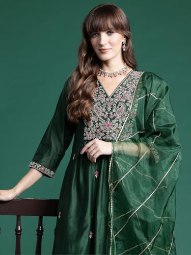 Image of INDO ERA Women's Viscose Embroidered A-Line Kurta and Pant with Dupatta Set (SHUTR6107)