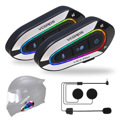 Intercomunicador Casco Moto Bluetooth VR2 Plus, Bluetooth 6.0 ,Modo de Color RGB,Auriculares Casco Moto para 2 Motociclistas 500m,IP56 Impermeable,para Asistente de Voz Manos Libres (2Pack Hard Mic)