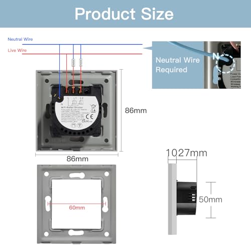 BSEED WLAN Rollladenschalter Smart Lichtschalter (Neutralleiter Erforderlich) Alexa und Google Home Work mit Tuya WIfI Schalter aus Glas Grau