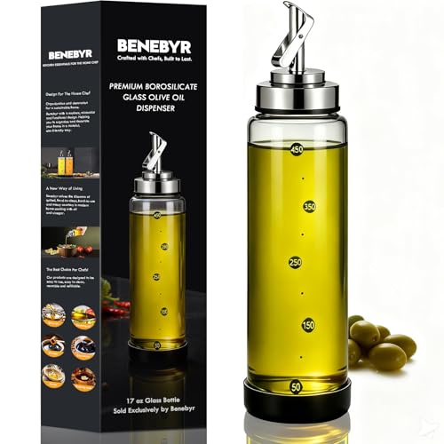 BENEBYR Glass Olive Oil Dispenser Bottle for Kitchen Shatterproof & Leakproof Cooking Oil Dispenser with Stainless Steel Spout & Rubber Bottom 17 oz Heat Resistant Olive Oil Bottle