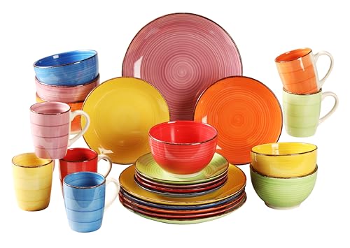 simpa 24PC Hand Painted Assorted Bright Colourful Stoneware Dinner Set. 6 Dinner Plates, 6 Side Plates, 6 Bowls & 6 Mugs. Dishwasher & Microwave Safe.