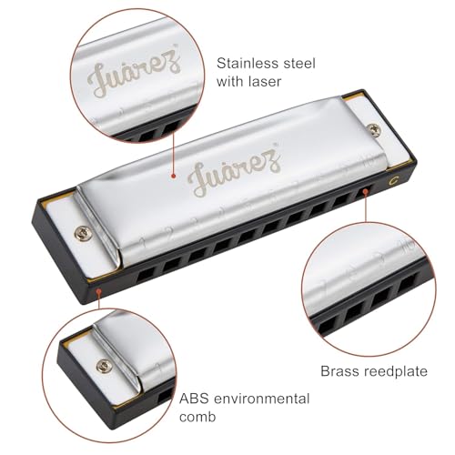 Image of Juarez Key C Diatonic Blues Harmonica 10 Hole 20 Tones with Case & Cleaning Cloth | Phosphor Bronze Reeds, ABS Comb | Mouth Organ for Beginners, Kids, Students & Professionals, Red