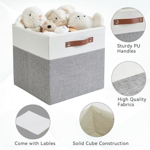 Image of Bagnizer Collapsible Fabric Storage Cube Bins with 2 Reinforced PU Handles, Foldable Storage Organizer Baskets for Closet, Shelves, Living Room | 11 inchx11 inchx11 inch, 4 Pack, Gray & White