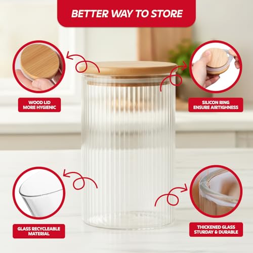 Image of amazon basics Fluted Glass Jars with Bamboo Lids, Set of 6, 600ml Decorative Kitchen Storage Containers for Snacks, Dry Fruits, Tea, Coffee, Sugar & Pantry Organization