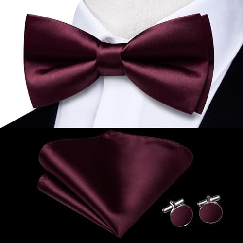 Image of Hi-Tie 5Pcs Mens Solid Color Silk Tie Satin Pretied Bowtie Lapel Pin for Men Handkerchief Cufflink Wedding Gift Box