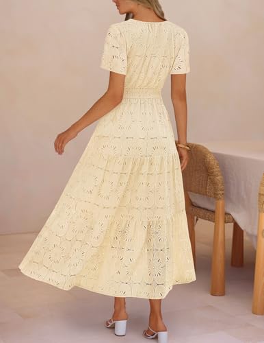 Image of MEROKEETY Women's Summer Floral Eyelet Lace Maxi Dress 2026 | Short Sleeve, Tiered Flowy, Boho Beach Vacation, A Line, Elastic High Waist, V Neck, Side Pockets, Elegant Formal Long Dress