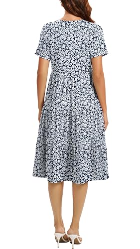 Image of Womens Summer Short Sleeve Crew Neck Midi Dress 2026 Casual Fit Flowy Tiered Beach Vacation Sundress with Pockets