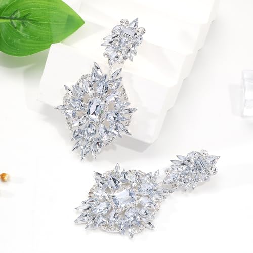 Silver Clip On Earrings Dangling For Women Large Rhinestone Statement Chandelier Earrings Non Pierced For Women Prom Earring Trendy Jewelry Accessories3