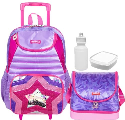 Kit Mochila Escolar Infantil Estrelas Rodinhas Impermeável Feminina Menina Resistente Lilás Brilho G