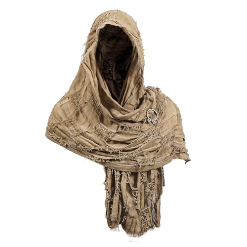 Dune Costume Post Apocalyptic Tattered Hooded Shawl Scarf with Brooch Pins, Ragged Desert Nomad Wrap Cape Cosplay Cloak3