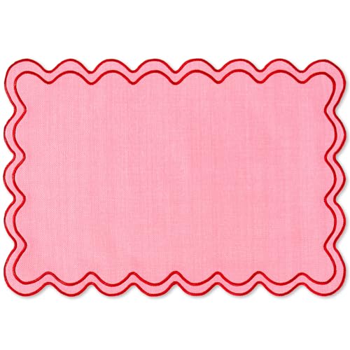 Whaline Pink Red Placemats Embroidered Scalloped Kitchen Place Mats for