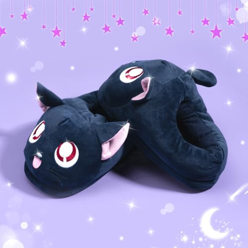 Cat Slippers | Cute Anime Kawaii Blue Moon Ears Fuzzy Plush Slip-On House Shoes | One Size Adults Women Men3
