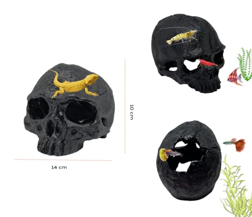 Image of Aquarium Terrarium Skull Decor, Reptile Hide House Shelter Cave for Geckos Spider Lizard Snake, Fish Tank Hide Cave House Hideouts Stones for Small Fish Shrimp Betta Crab Guppy Cichlids (Black)