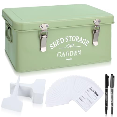 Maitys Seed Storage Container Box with Lid Garden Seed Packet Storage Organizer Decorative with Dividers and 100 Plant Labels 50 Seeding Envelopes 2 Marker Pens(Groovy,12.8 x 6.8 x 5.4)