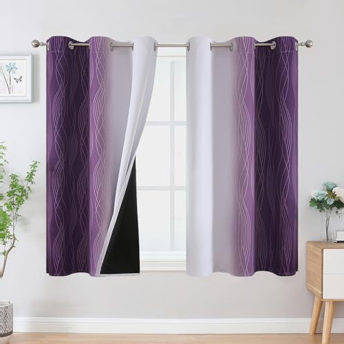 Estelar Textiler Purple and Greyish White Ombre Blackout Curtains 54 Inch Length 2 Panels, Full Room Darkening Gradient Drapes for Kitchen,Thermal Insulated Grommet Short Curtains for Bathroom,42Wx54L