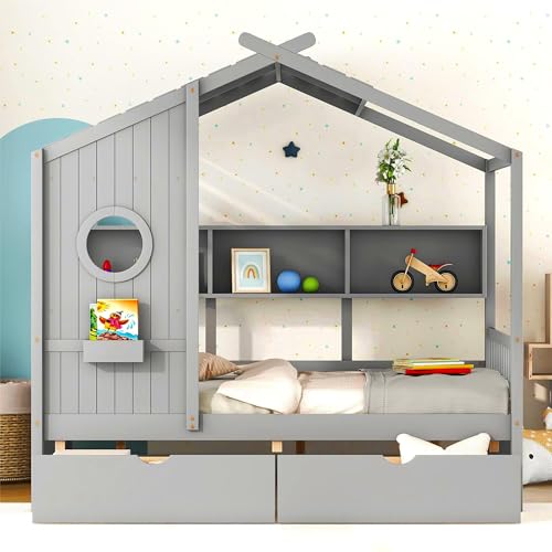 Image of Modern Full Size House Bed with Roof and Window, Wooden Daybed Frame with Shelves and 2 Drawers,Bedroom Furniture for Girls & Boys (Gray+2 Drawers*)