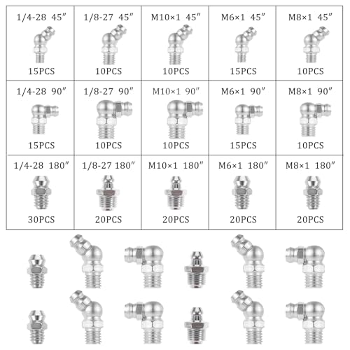 310PCS SAE & Metric Grease Nipple Assortment Kit, Hydraulic Grease Fittings Standard with Plastic Grease Fitting Caps