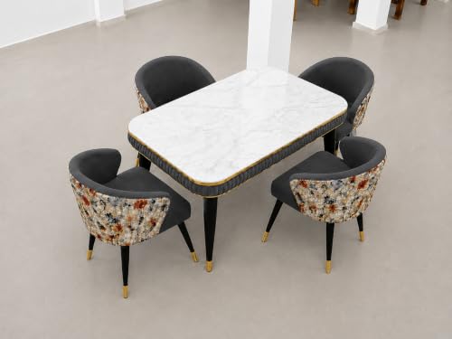 Image of WOODEN SPACE Majestic 4 Seater Wooden Dining Table Set | Urban Marble Top Dining Table with Chairs for Dining Room & Kitchen (Modern Classic Printed Dark Grey) (54 x 36 x 30 inch)