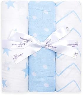 Bloomsbury Mill - Pack of 3 x Large Soft Muslin Swaddles - Pram & Nursing Cover - 100% Pure Organic Cotton Muslin in Gifting Ribbon - 120cm x 120cm - Stars, Chevrons & Polka Dots - Blue & White