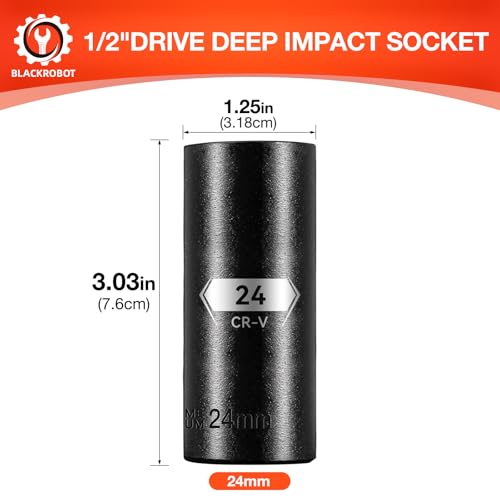 Image of 1 /2 Inch Drive 6-Point Deep Socket, 24mm Deep Impact Socket, CR-V Steel