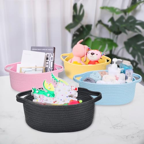 Image of ABenkle Small Basket with Handles, Boho Decorative Rope Woven Dog Cat Toy Storage Bin Shelf Storage Organizer, Easter Christmas Gift Basket, 12 inchx8 inchx5 inch, Black