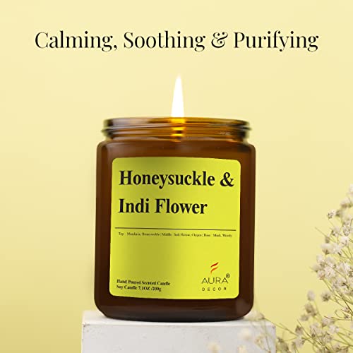 Image of AuraDecor Scented Jar Candle | Handpoured Soy Wax Candle with Long Lasting Burn Time | Premium Amber Jar Aromatherapy Candle | Ideal Gift for Home & Decor (Extra Large, Honeysuckle & Indi Flower)