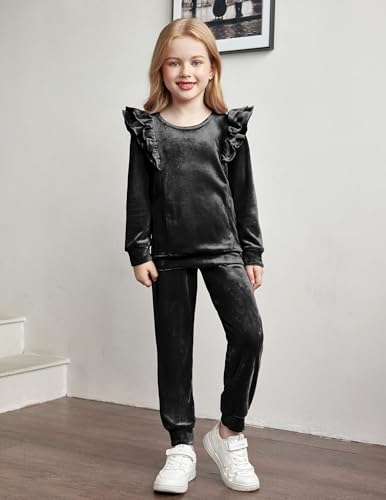 Image of Arshiner Girls 2 Piece Outfits Velour Tracksuit Ruffle Sweatshirt Sweatpant | Cute Clothes, Sweatsuit, Long Sleeve Pullover, Fall Winter Clothing Sets, for 3-10 Years