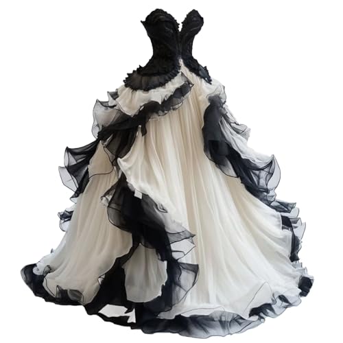 Mauuwy White Sweetheart Wedding Gown for Women with Black Applique Gothic Bridal Dresses for Girl Victorian's Wedding Dresses Size 16