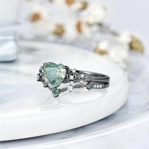 High-grade Vintage Nature Moss Agate Engagement Ring Sets for Women Art Deco Cluster Green Agate Bridal Ring S925 Silver 10K 14K 18K Gold Inspired Promise Wedding Band4