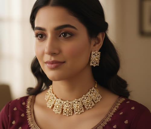 Image of Touchstone Mughal Jali Collection Gold Tone Indian Mughal Bollywood White Diamante Jewelry Choker Set for Women