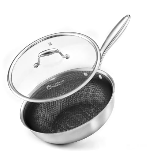 COOKER KING 12-inch hybrid wok with glass lid — shows the honeycomb-textured stainless surface designed for metal spatulas.