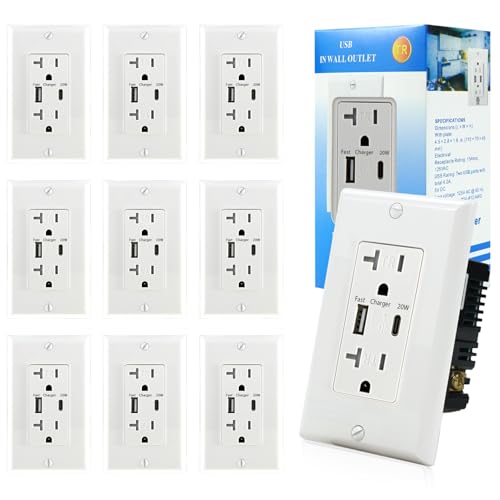 [10 Pack] LGL USB C Charger Wall Outlet, 20W Fast Charging USB A & USB C Port Wall Receptacle, 20Amp 125 V Duplex Tamper Resistant Receptacle, ETL Listed, Wall Plate Included, White (10 Pack)