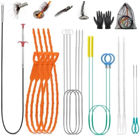 HuToYii 61'' Drain Clog Remover w/Claw, Plastic Drain Snake, Snake Drain Cleaner Tool w/Nylon Layer, Plumbing Snake Brush, Gloves, 15Pack Drain Hair Remover Tool Set for Toilet, Kitchen, Bathtub