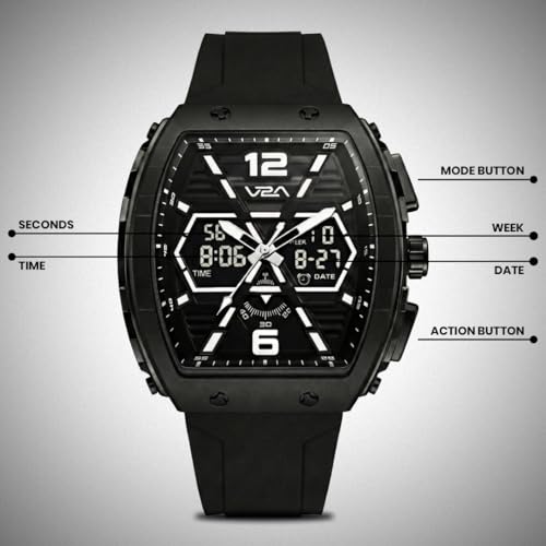 Image of V2A Impact 50mm Analog Digital Watch for Men | X-Frame Hybrid Dial Design | Alarm Stopwatch Day Date 12 /24 Hr | TPU Sport Strap | 50M Water Resistant | Gift for Mens