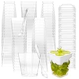 Moretoes 120 Pack 5oz Plastic Dessert Cups with Lids and Spoons, Square Appetizer Cup Sets for Pudding Fruit and Ice Cream (360PCS)