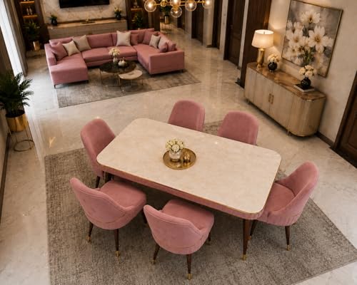 Image of WOODEN SPACE 6-Seater Wooden Dining Table Set | Nano Composite Marble Top | Solid Wood Base | Modern Dining Room Furniture with 6 Chairs (Pink Grand Aura)
