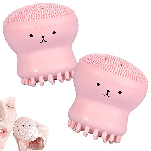 Jellyfish Silicon Brush Face Scrubber Deep Pore with Cleansing Sponge Value 2 Pack, All in One Soft Manuel Brushes for Skin Care Exfoliating Massage Blackheads Removing