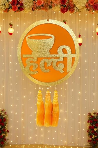 Decorative Haldi Board Round Wall Hanging Wedding Backdrop with Tassels for Haldi Mehendi Ceremony Party Decor